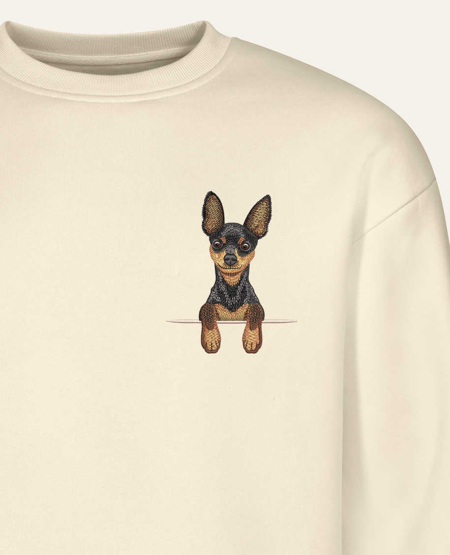 Toy terrier (czarno-podpalany) – bluza z haftem, piaskowa (zbliżenie)