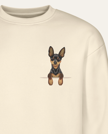 Toy terrier (czarno-podpalany) – bluza z haftem, piaskowa (zbliżenie)