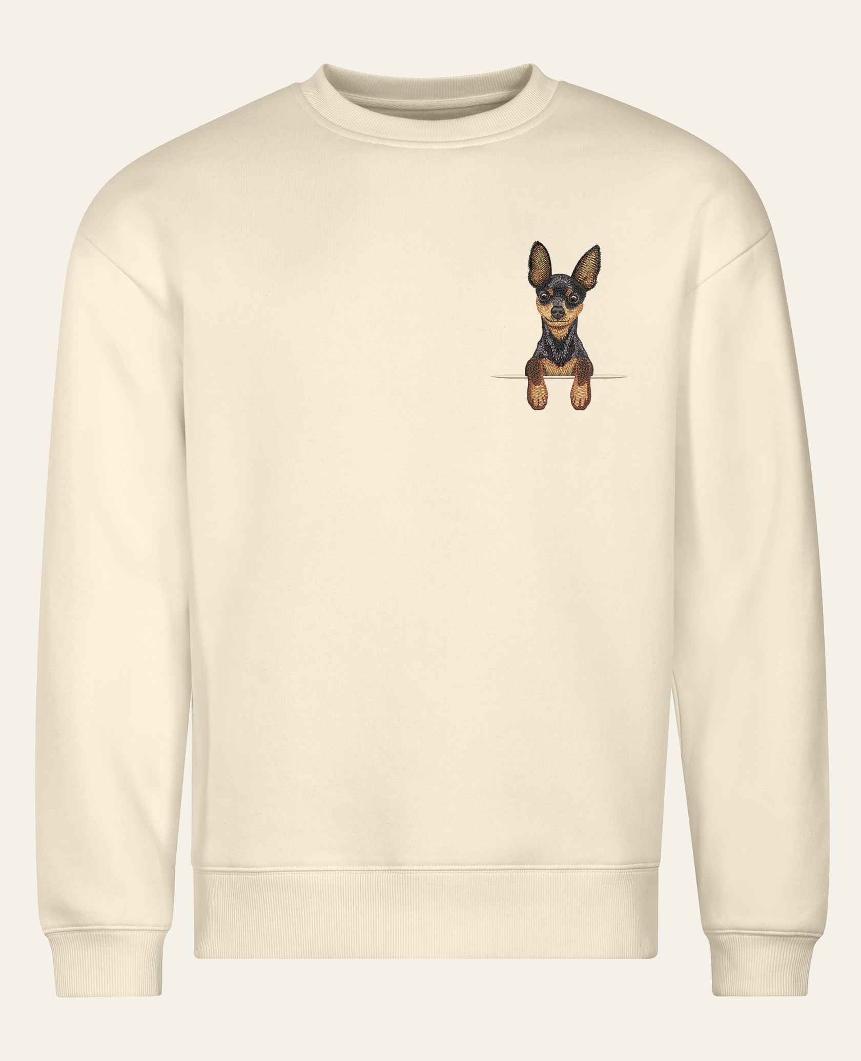 Toy terrier (czarno-podpalany) – bluza z haftem, piaskowa (cała sylwetka)