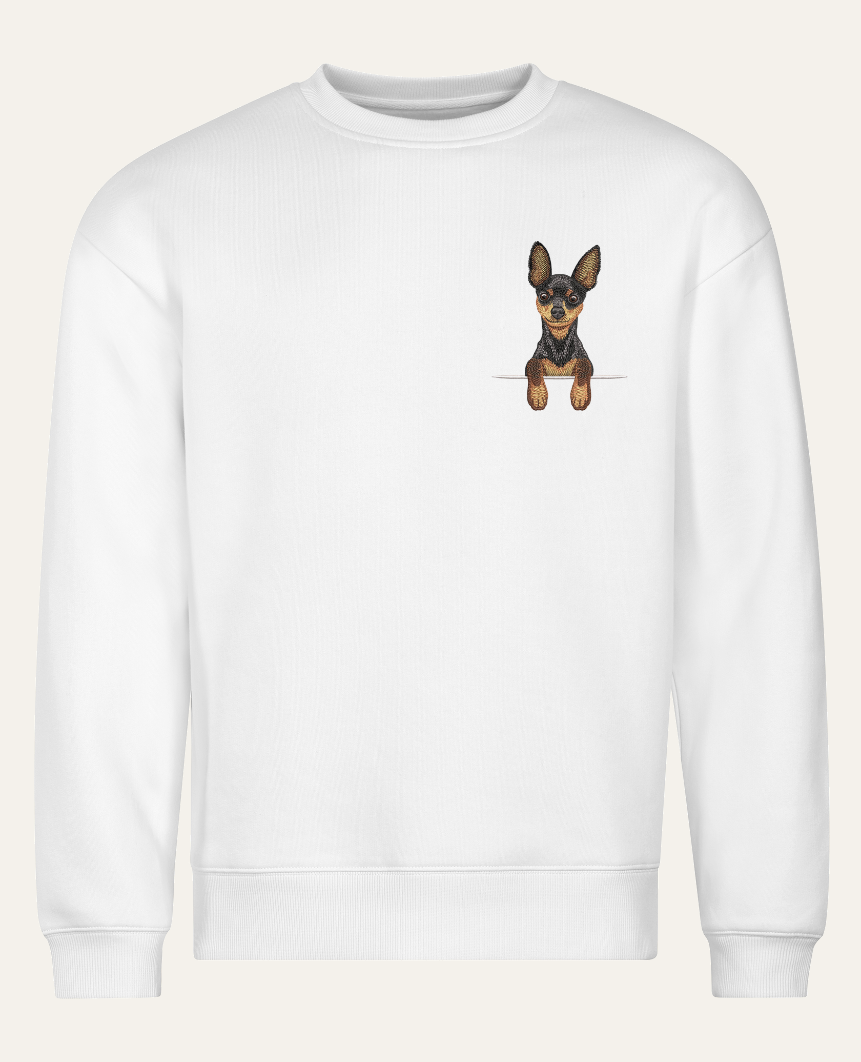 Toy terrier (czarno-podpalany) – bluza z haftem, biała (cała sylwetka)