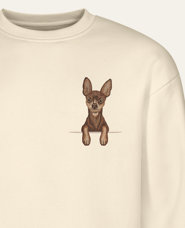 Toy terrier (brązowy) – bluza z haftem, piaskowa (zbliżenie)