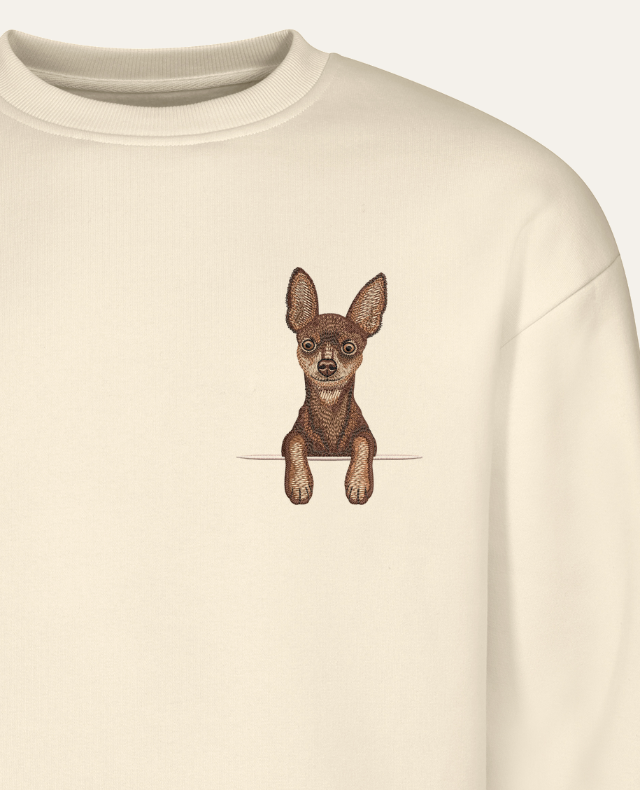 Toy terrier (brązowy) – bluza z haftem, piaskowa (zbliżenie)
