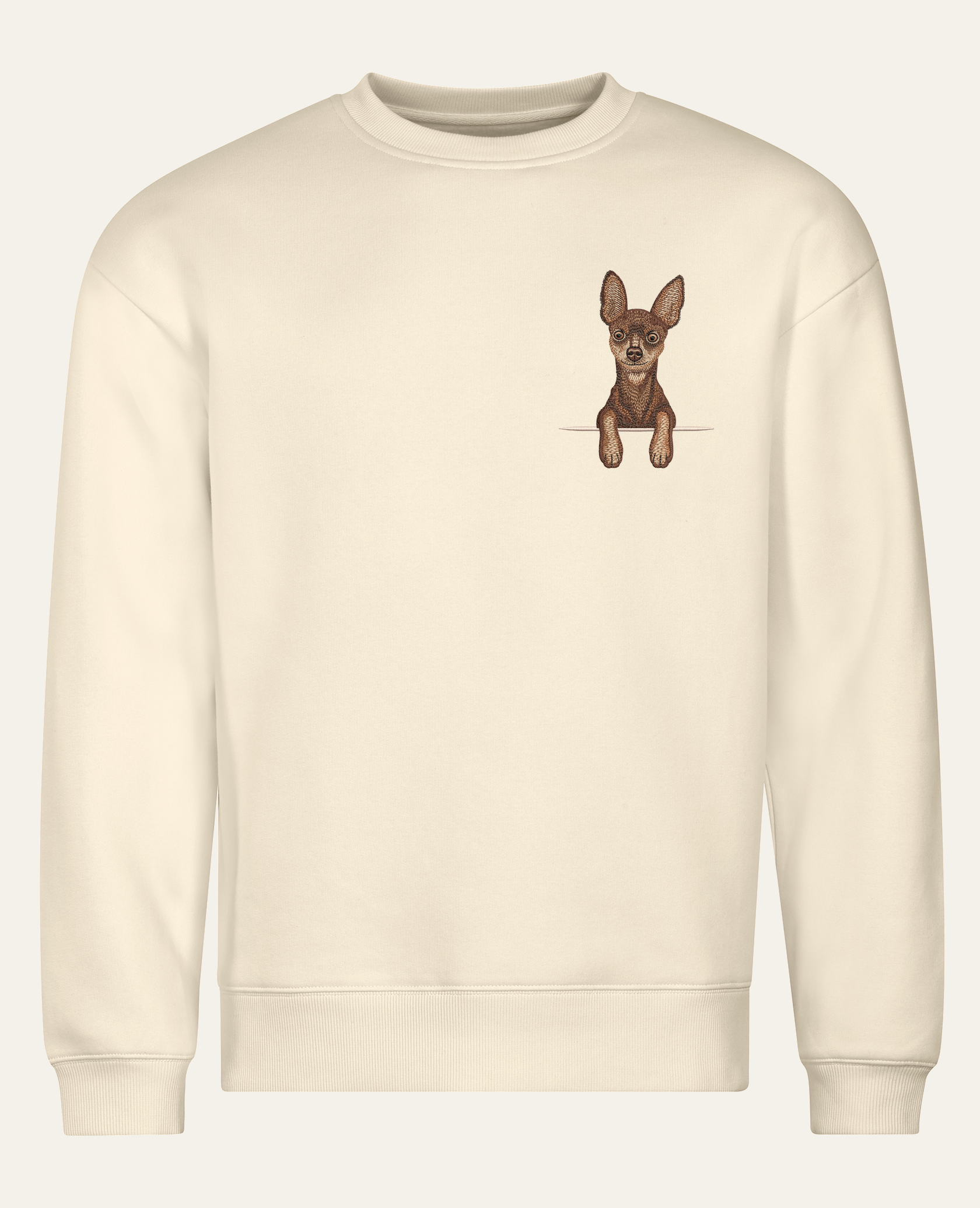 Toy terrier (brązowy) – bluza z haftem, piaskowa (cała sylwetka)