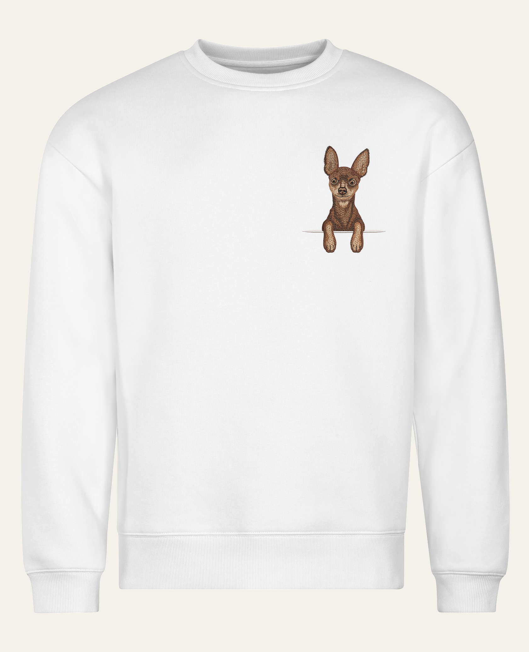 Toy terrier (brązowy) – bluza z haftem, biała (cała sylwetka)