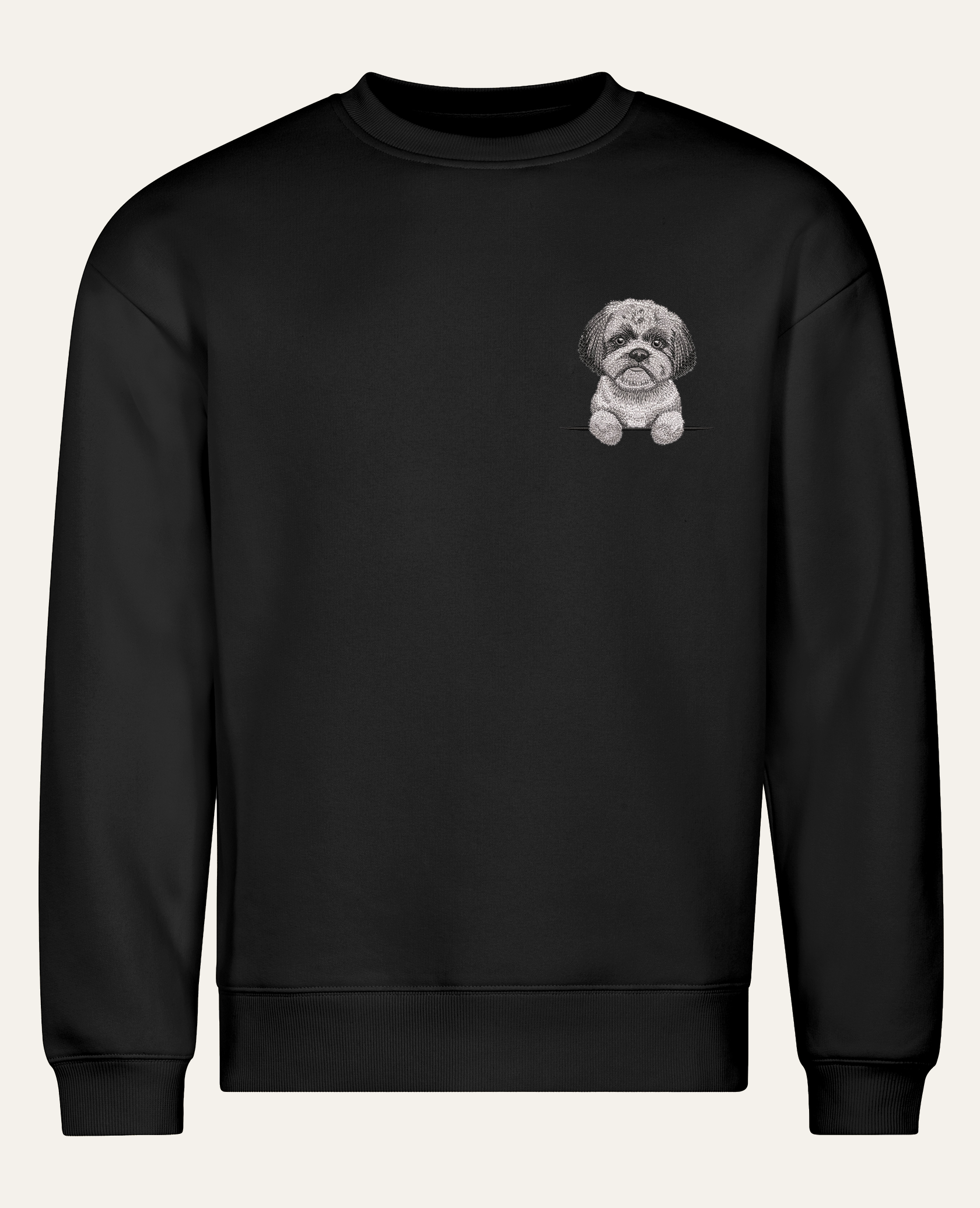 Shih tzu (szary) – bluza z haftem, czarna (cała sylwetka)