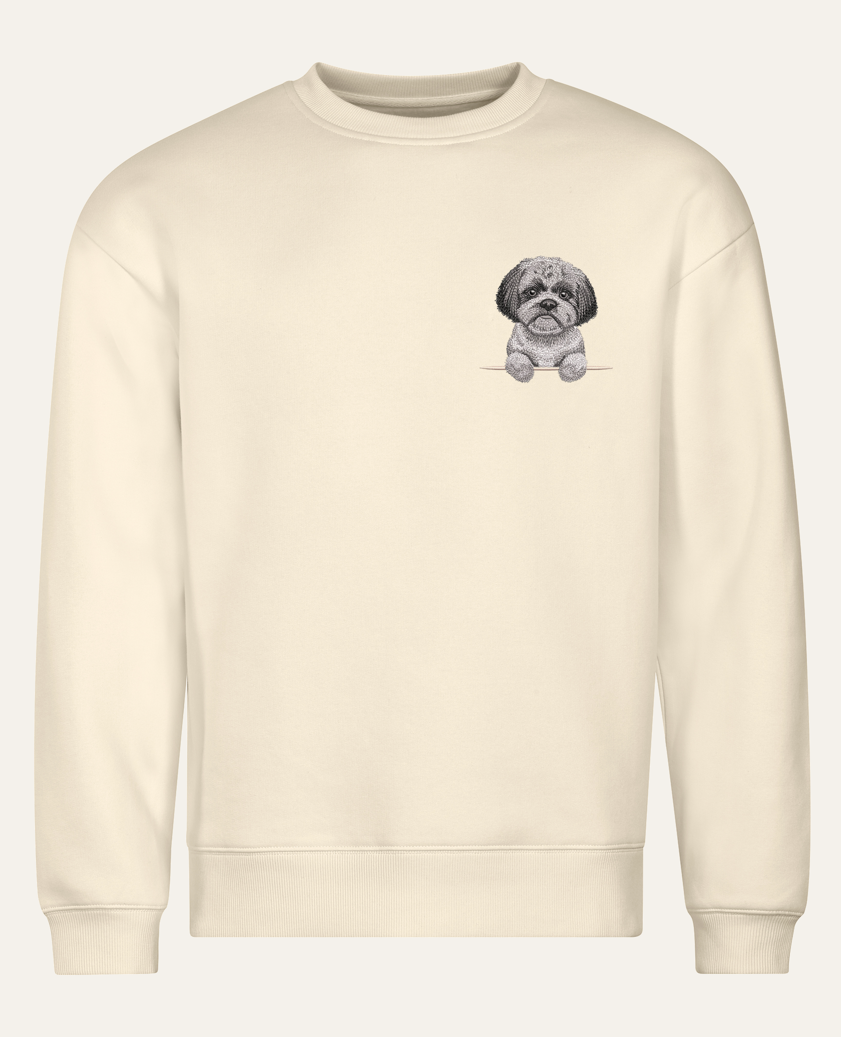 Shih tzu (szary) – bluza z haftem, piaskowa (cała sylwetka)