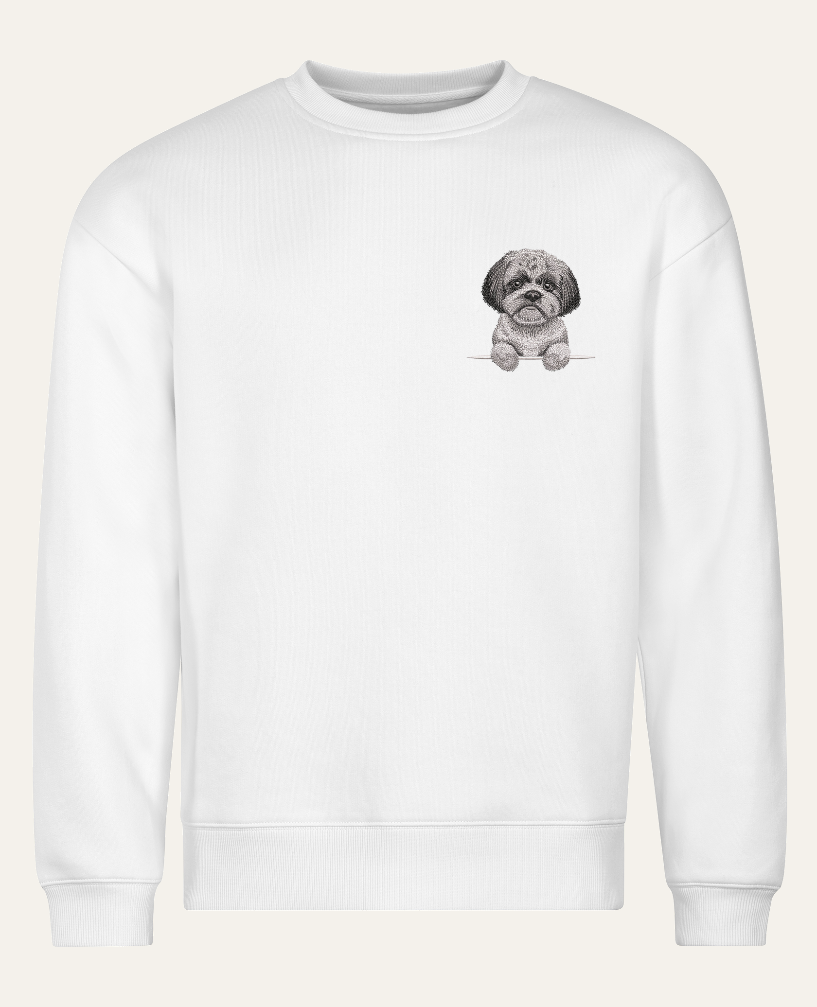 Shih tzu (szary) – bluza z haftem, biała (cała sylwetka)