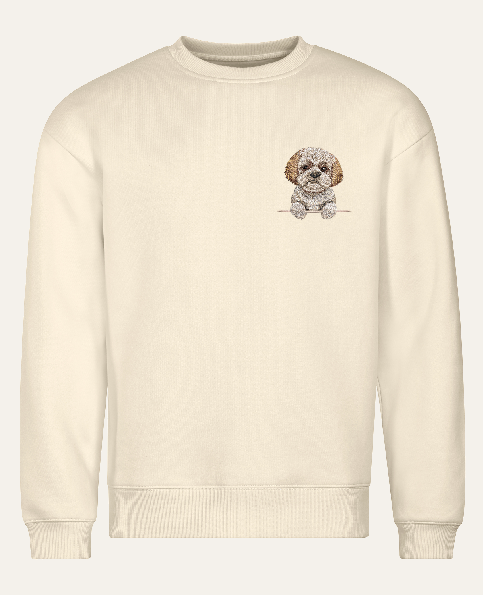 Shih tzu (brązowy) – bluza z haftem, piaskowa (cała sylwetka)