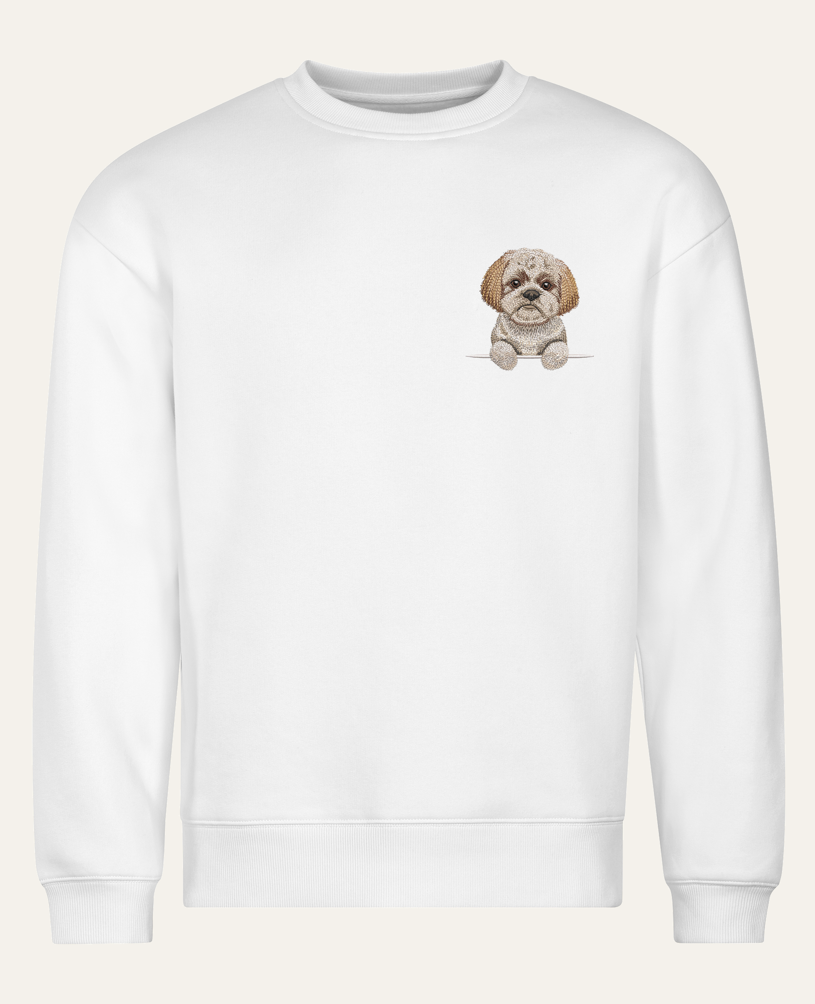 Shih tzu (brązowy) – bluza z haftem, biała (cała sylwetka)