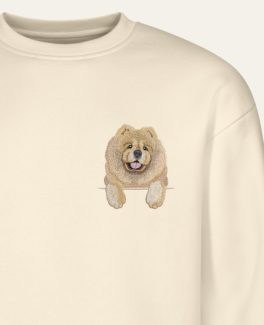 Chow chow (kremowy) – bluza z haftem, piaskowa (zbliżenie)