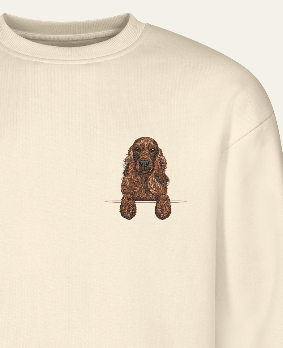 Cocker spaniel angielski (brązowy) – bluza z haftem, piaskowa (zbliżenie)