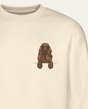 Cocker spaniel angielski (brązowy) – bluza z haftem, piaskowa (zbliżenie)