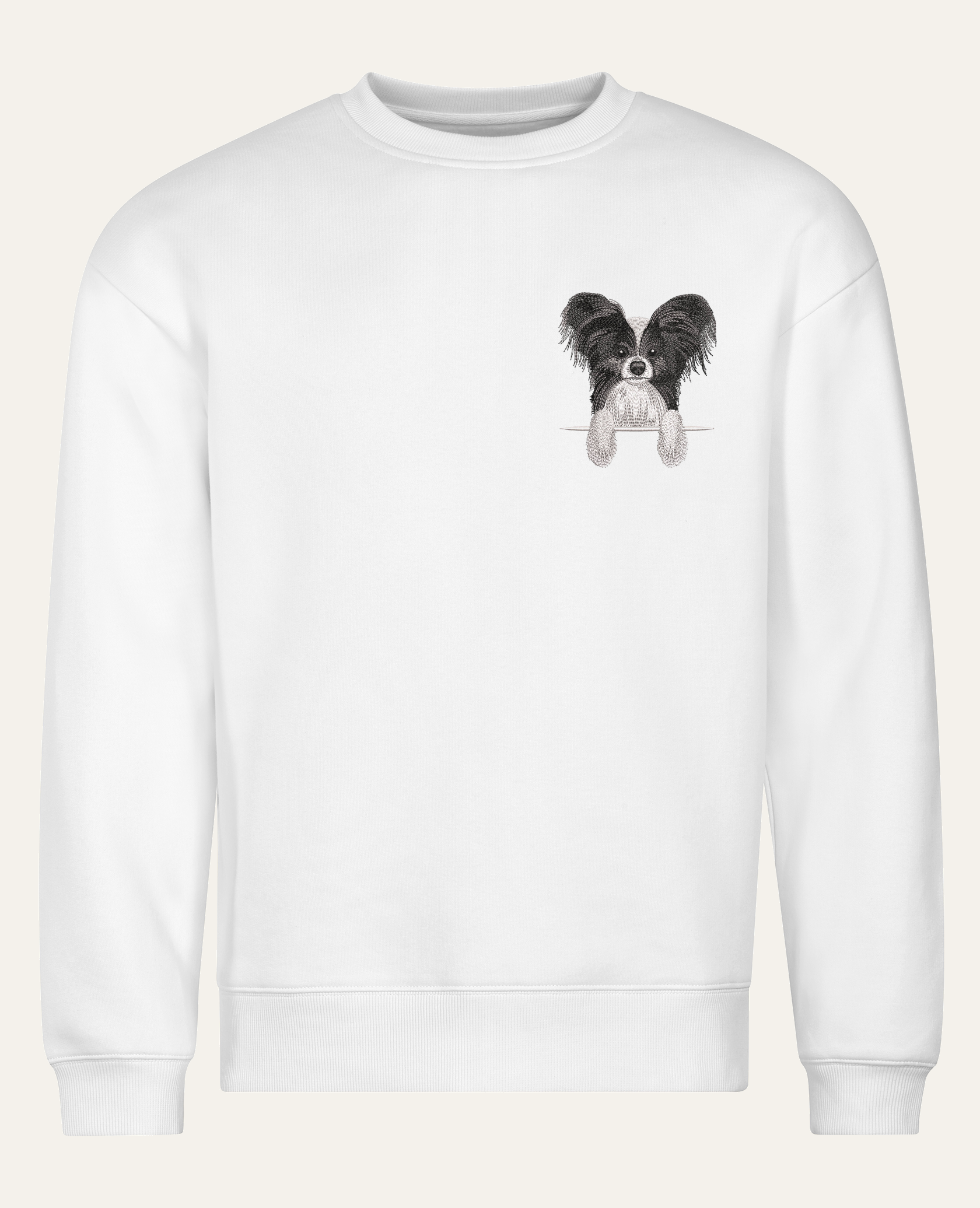 Papillon (czarny) – bluza z haftem, biała (cała sylwetka)