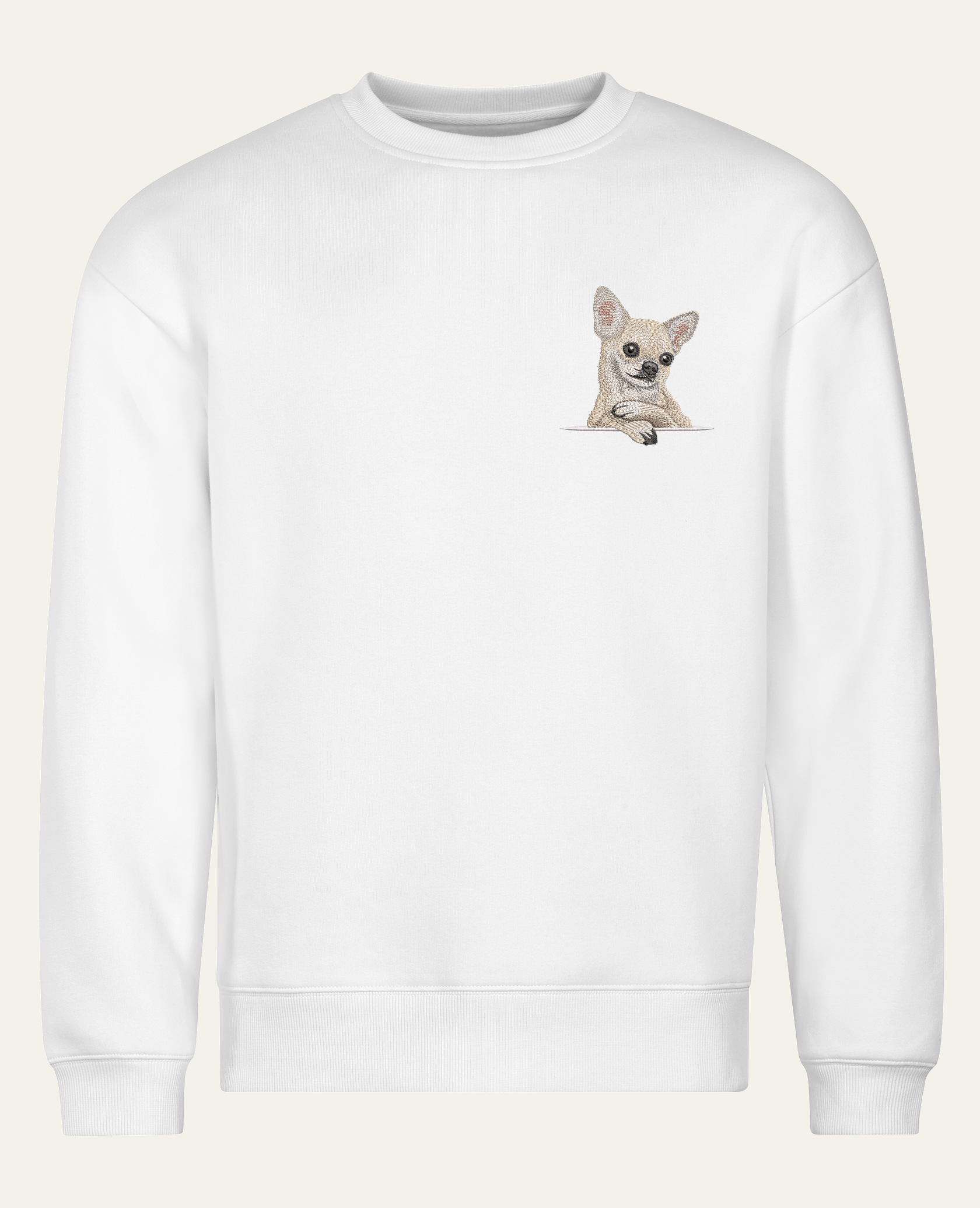 Chihuahua (beżowy) – bluza z haftem, biała (cała sylwetka)