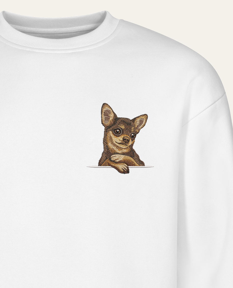 Chihuahua (czekoladowy) – bluza z haftem, biała (zbliżenie)