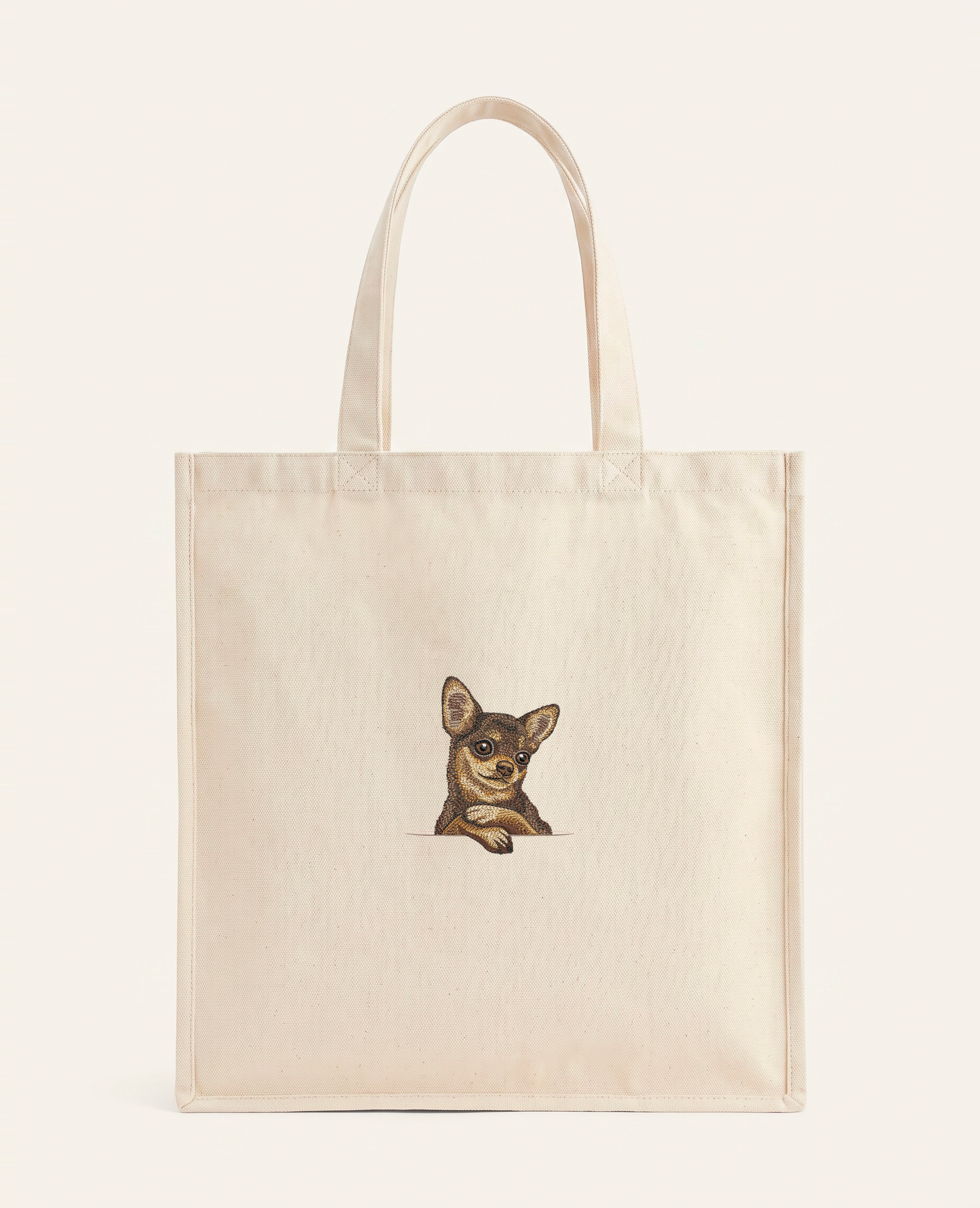 Chihuahua (czekoladowy) – torba z haftem, piaskowa