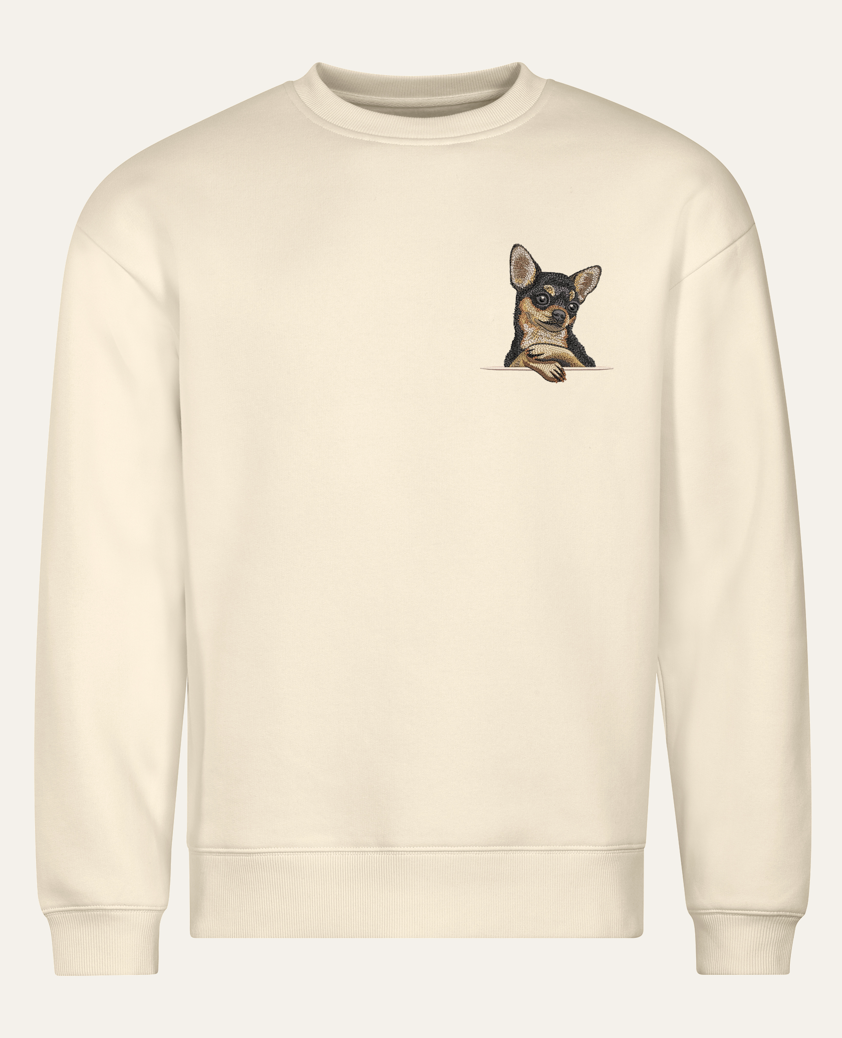 Chihuahua (czarny) – bluza z haftem, piaskowa (cała sylwetka)