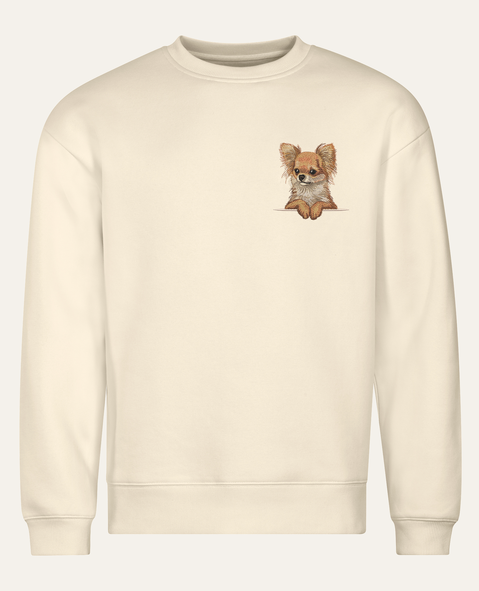 Chihuahua długowłosa (rudy) – bluza z haftem, piaskowa (cała sylwetka)