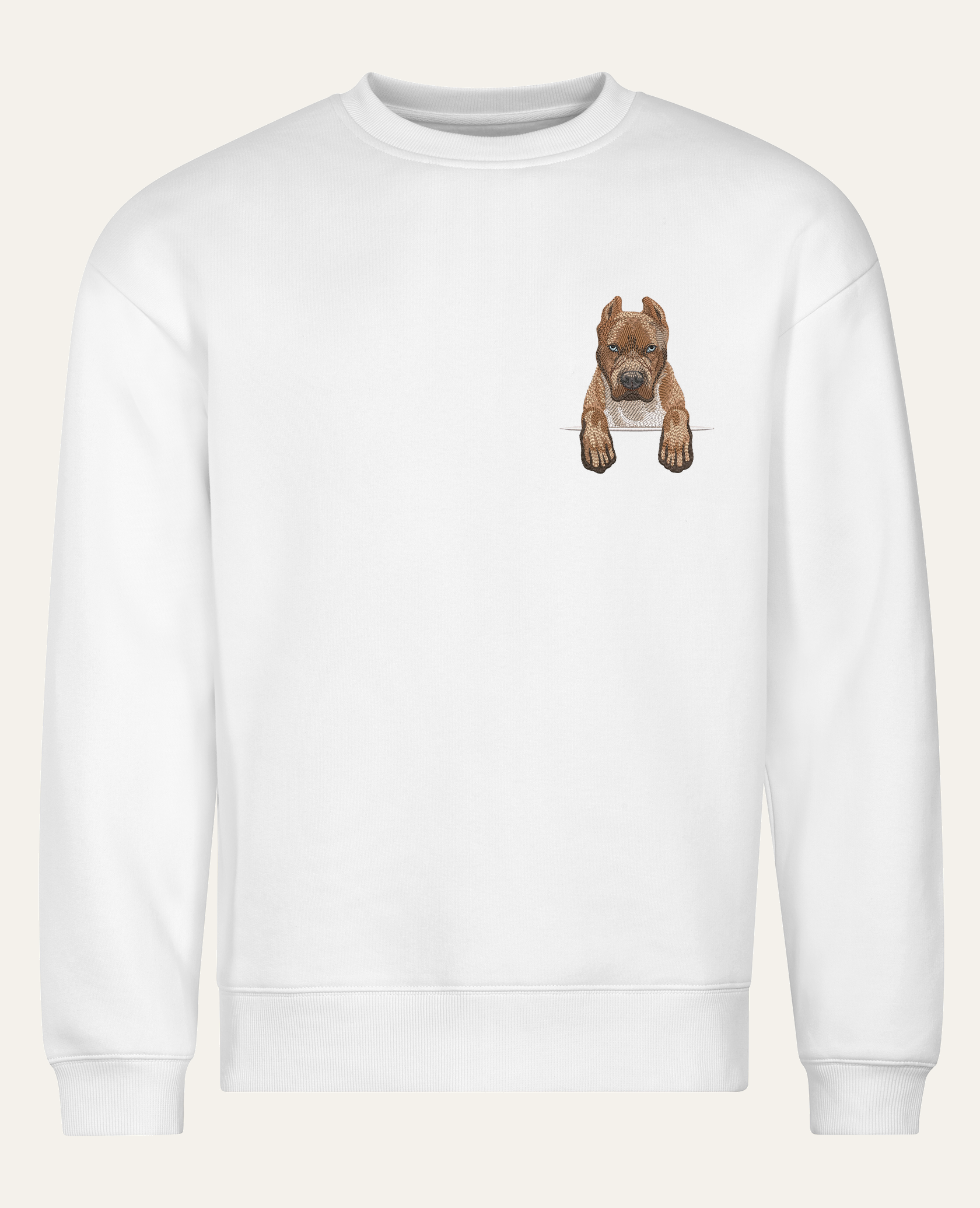 Pitbull (izabelowy) – bluza z haftem, biała (cała sylwetka)