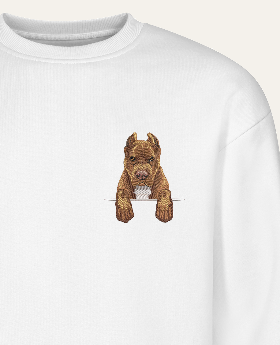 Pitbull (brązowy) – bluza z haftem, biała (zbliżenie)
