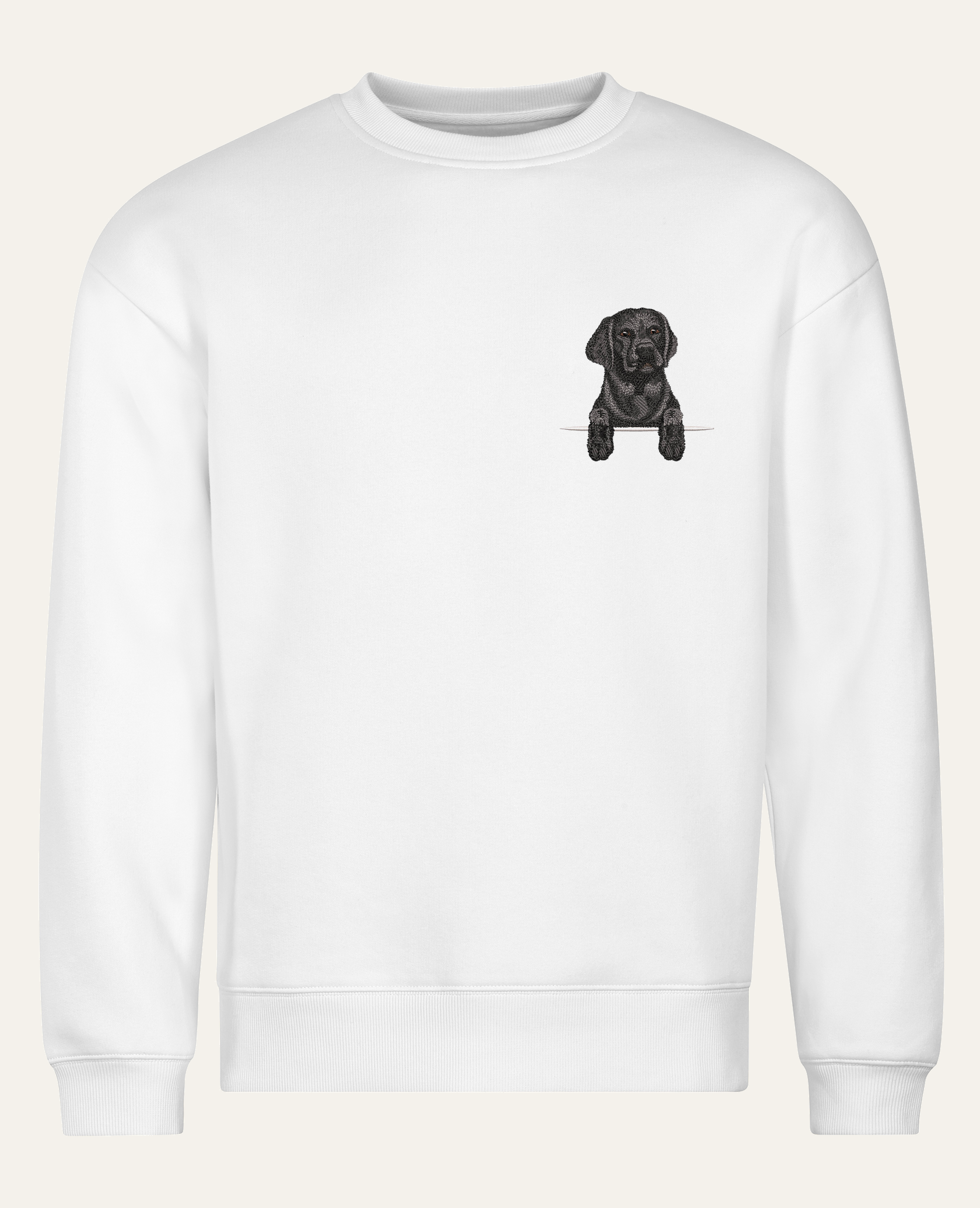 Labrador retriever (czarny) – bluza z haftem, biała (cała sylwetka)