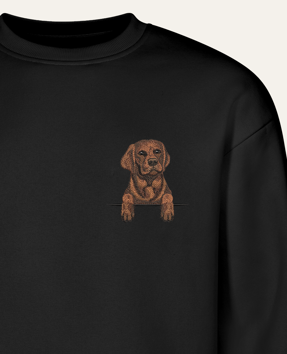 Labrador retriever (czekoladowy) – bluza z haftem, czarna (zbliżenie)