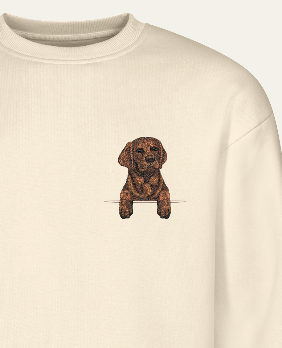 Labrador retriever (czekoladowy) – bluza z haftem, piaskowa (zbliżenie)