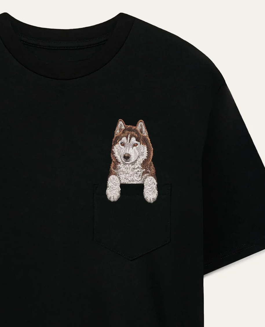 Koszulka z haftem Husky syberyjski (brązowy)