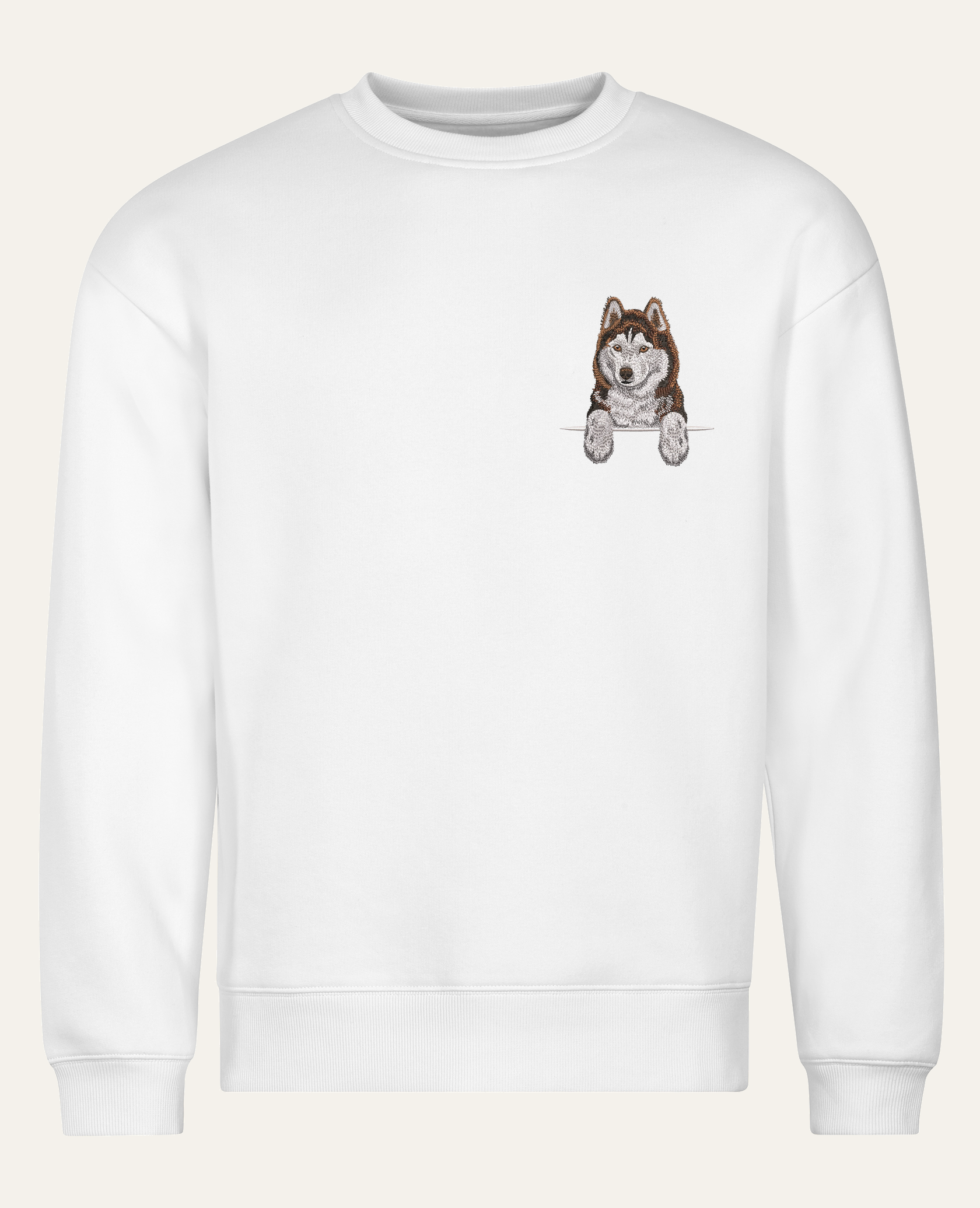 Husky syberyjski (brązowy) – bluza z haftem, biała (cała sylwetka)