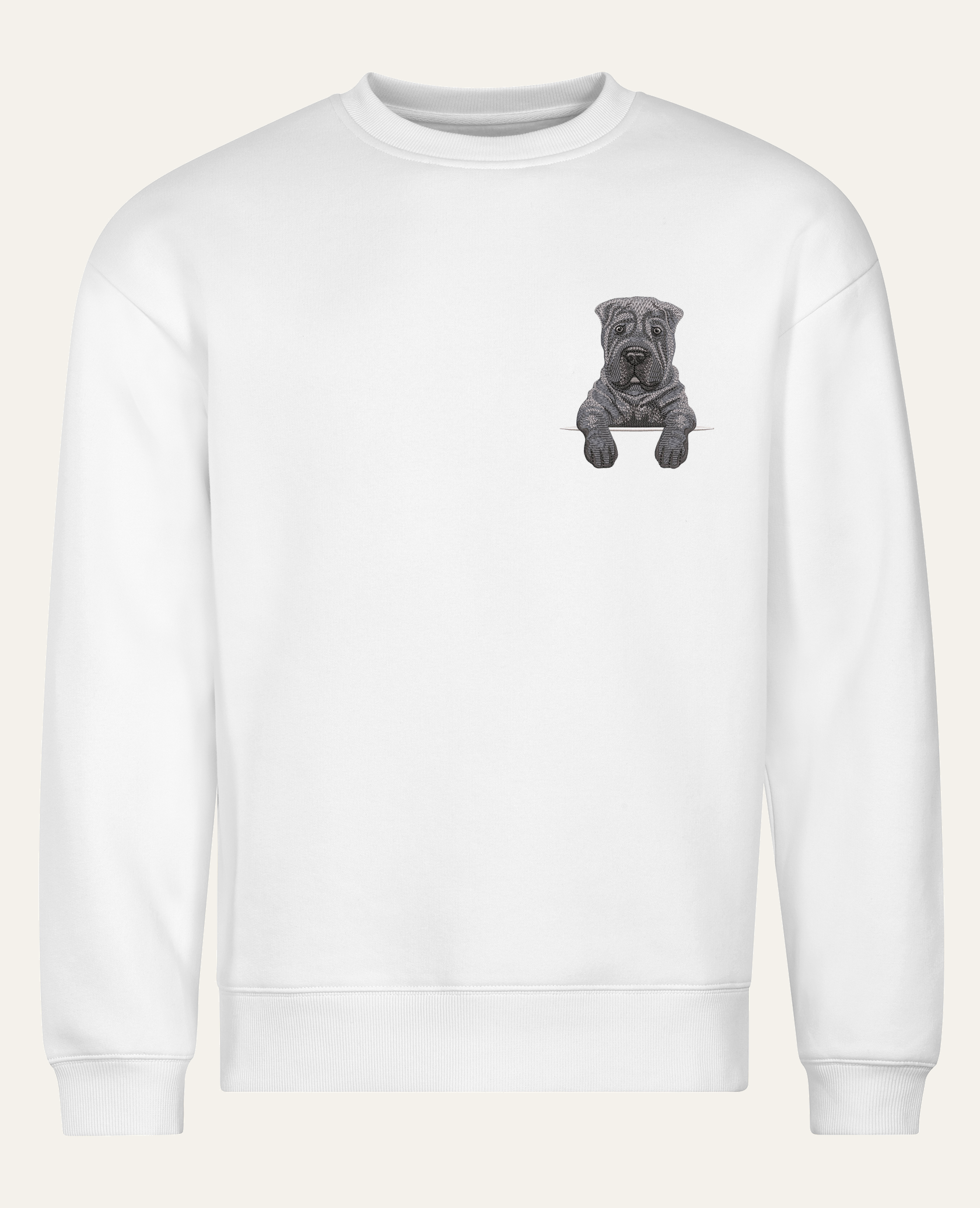 Shar pei (szary) – bluza z haftem, biała (cała sylwetka)