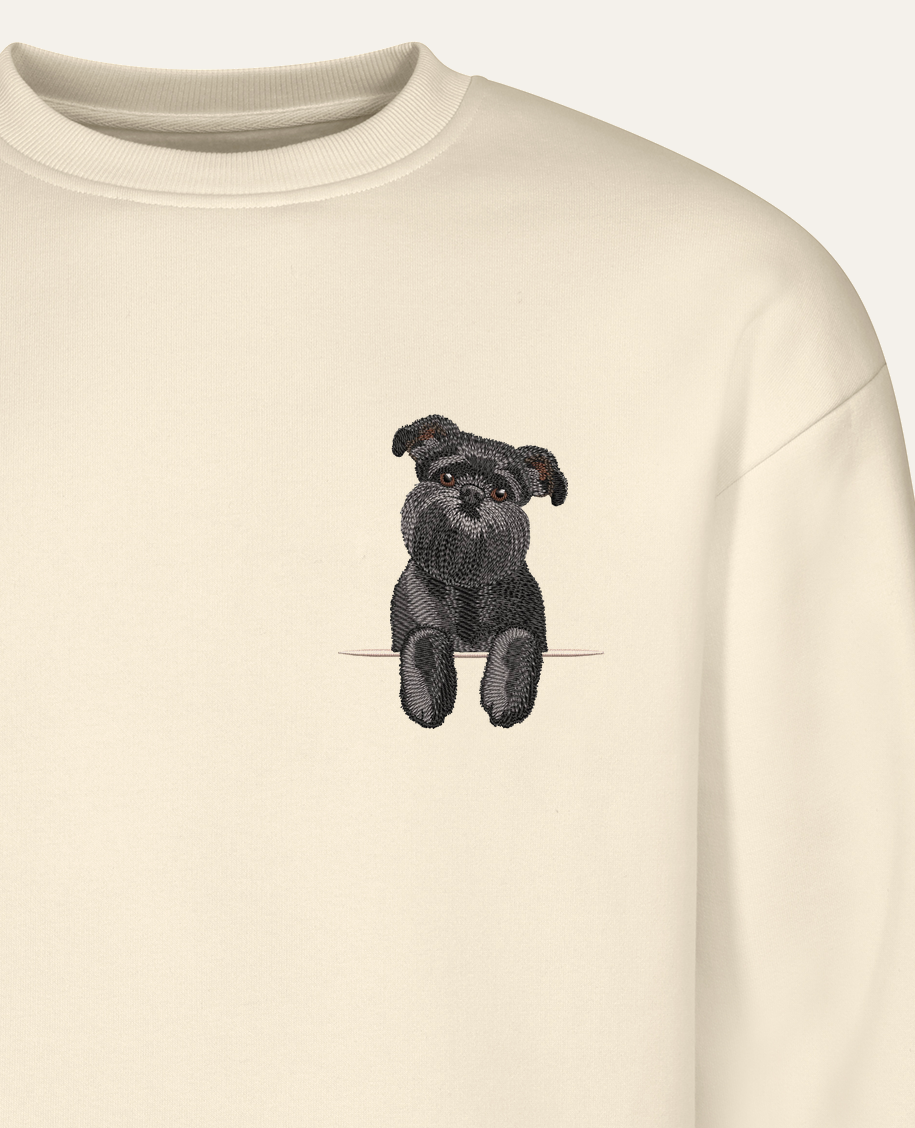 Gryfon belgijski (czarny) – bluza z haftem, piaskowa (zbliżenie)