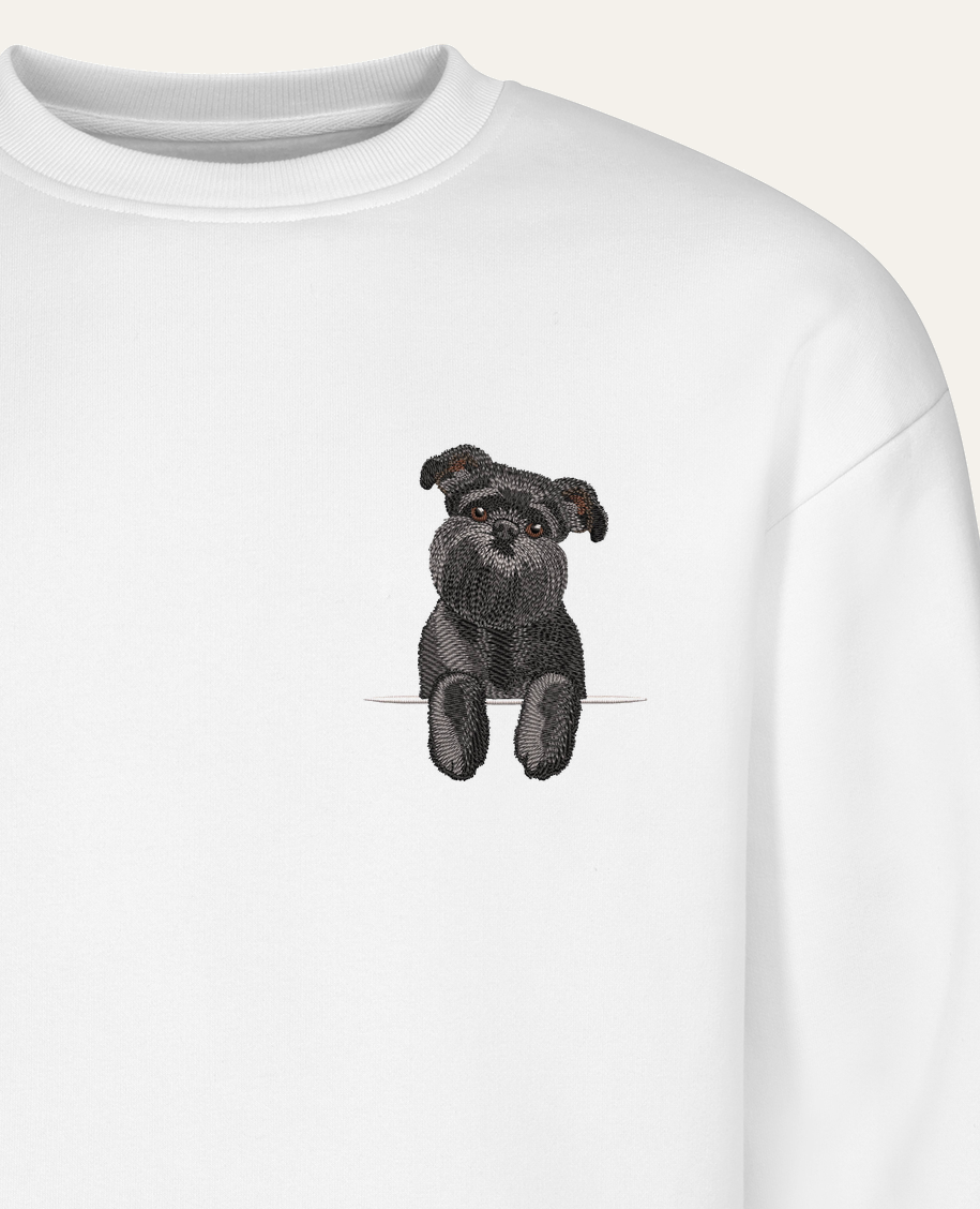 Gryfon belgijski (czarny) – bluza z haftem, biała (zbliżenie)