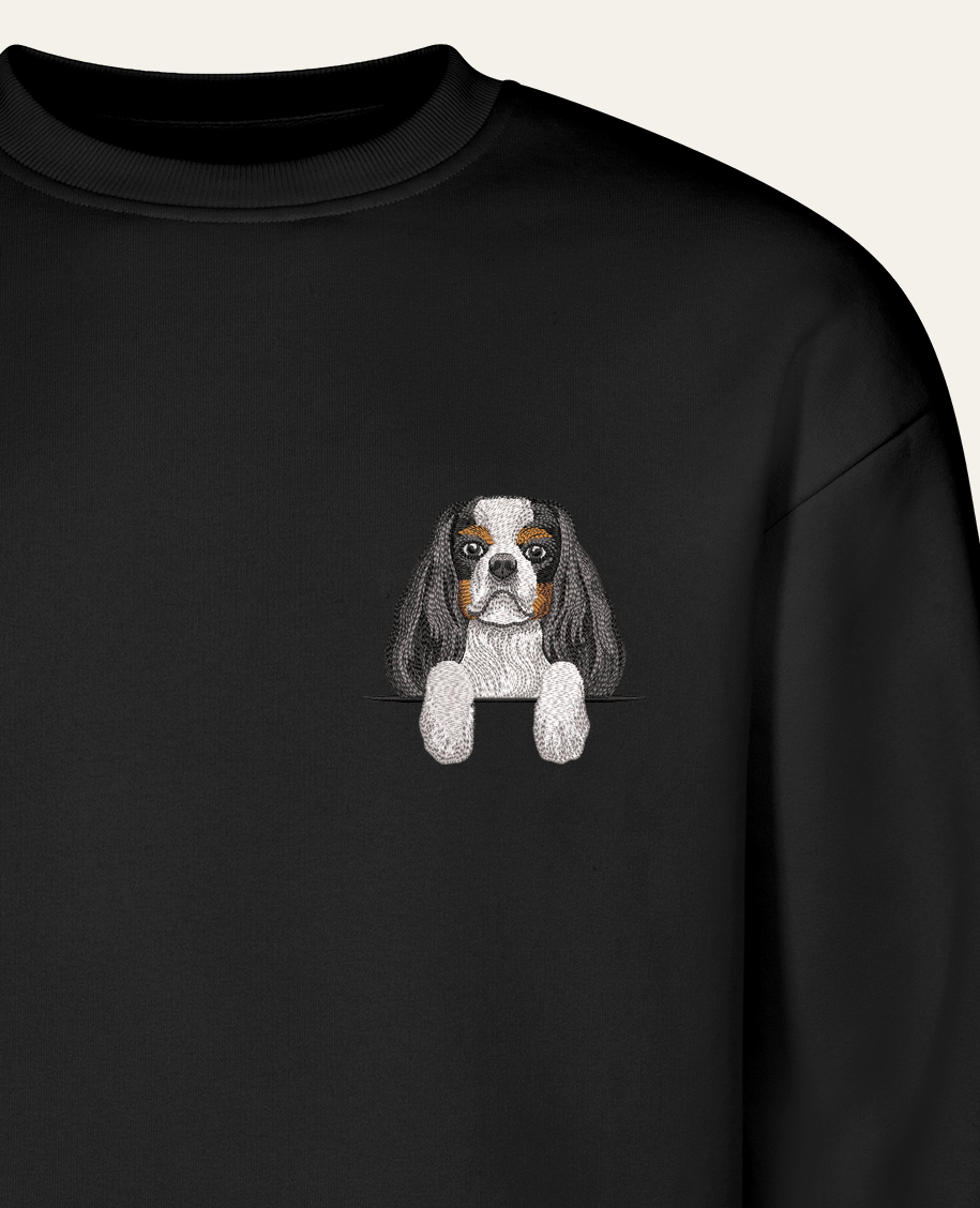 Cavalier King Charles Spaniel (tricolor) – bluza z haftem, czarna (zbliżenie)