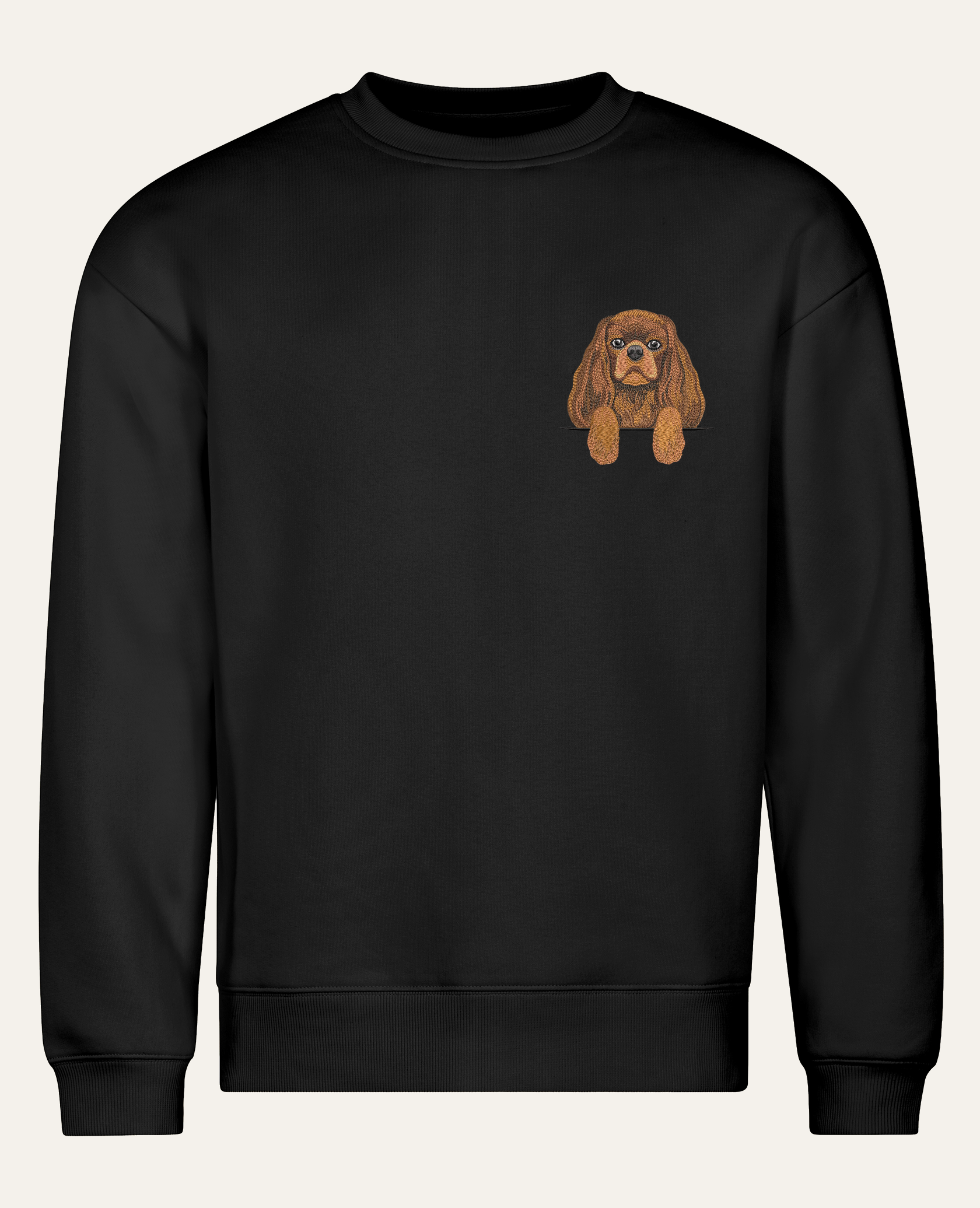 Cavalier King Charles Spaniel (ruby) – bluza z haftem, czarna (cała sylwetka)