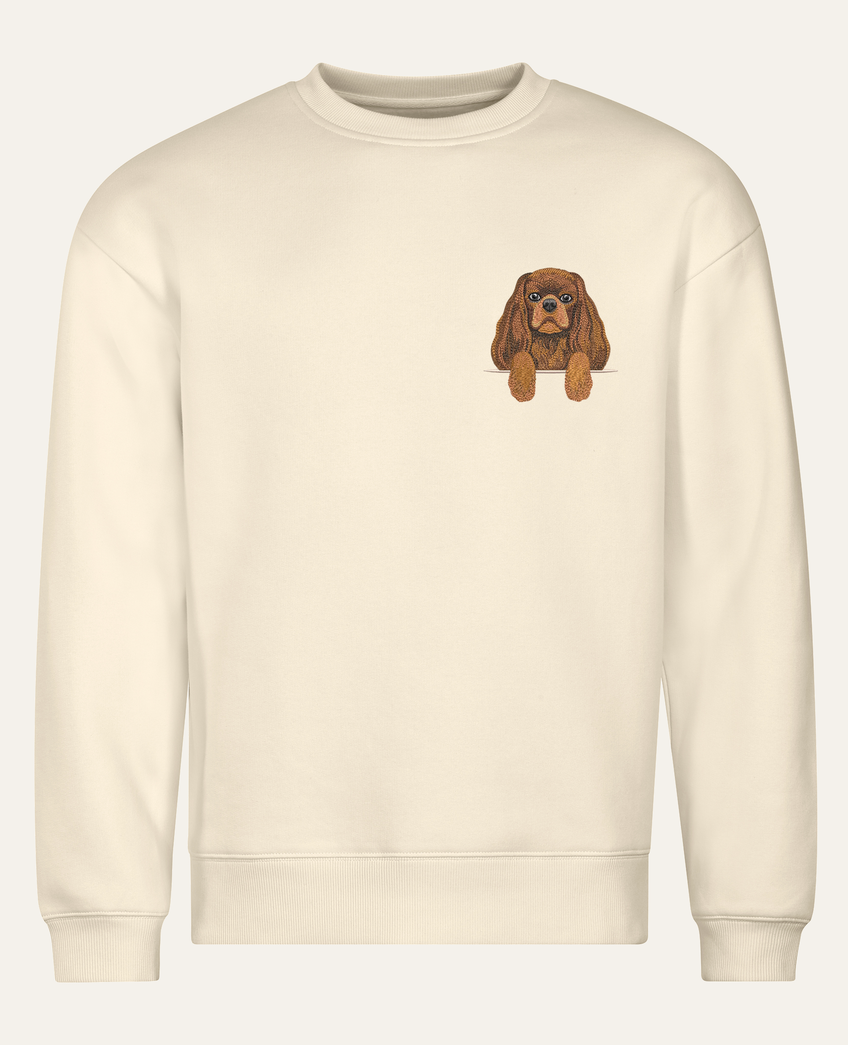 Cavalier King Charles Spaniel (ruby) – bluza z haftem, piaskowa (cała sylwetka)