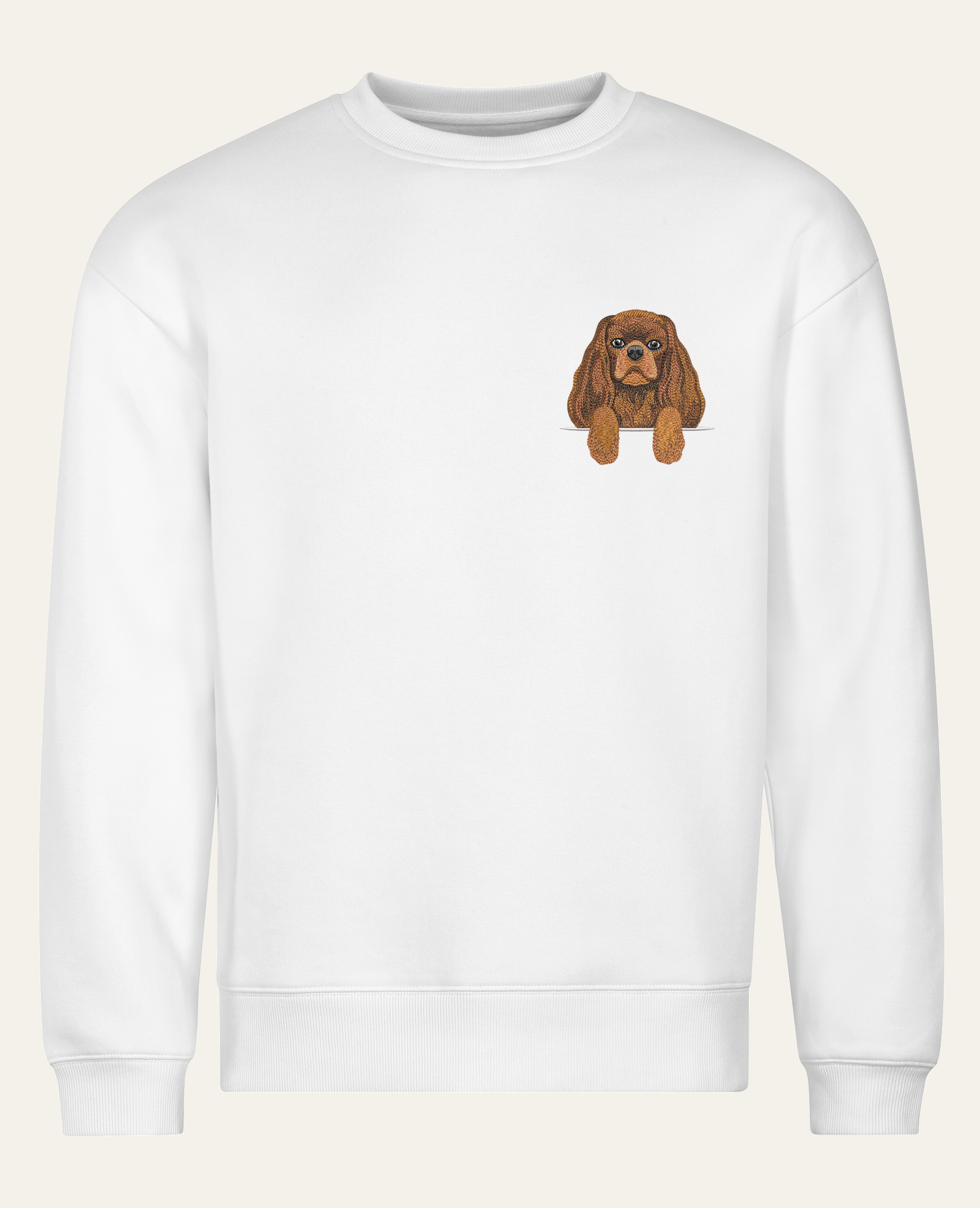 Cavalier King Charles Spaniel (ruby) – bluza z haftem, biała (cała sylwetka)