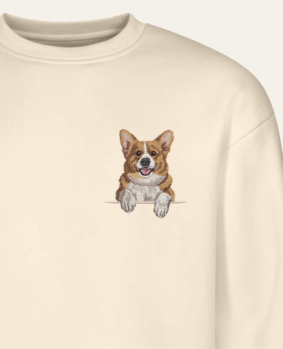 Corgi – bluza z haftem, piaskowa (zbliżenie)