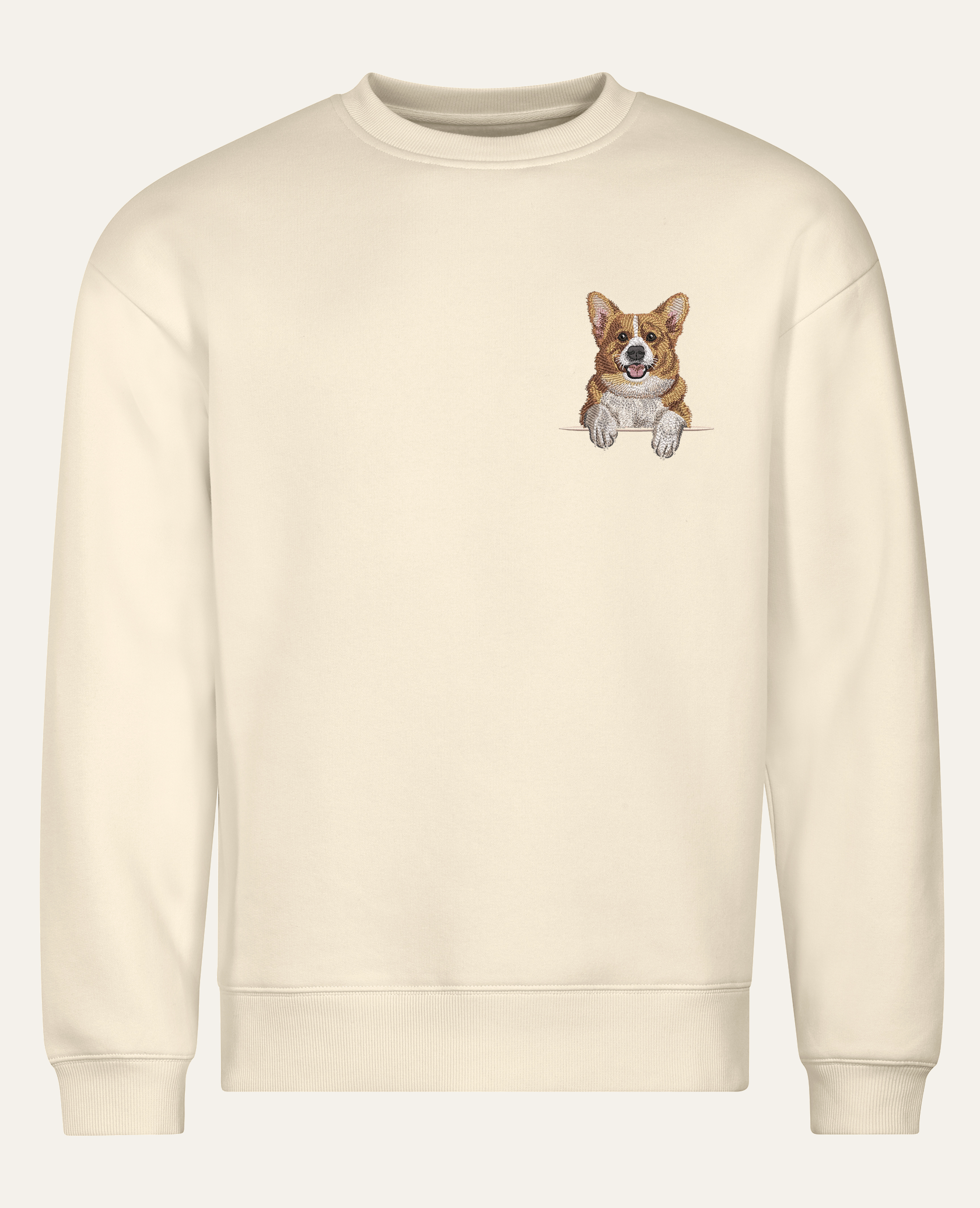 Corgi – bluza z haftem, piaskowa (cała sylwetka)
