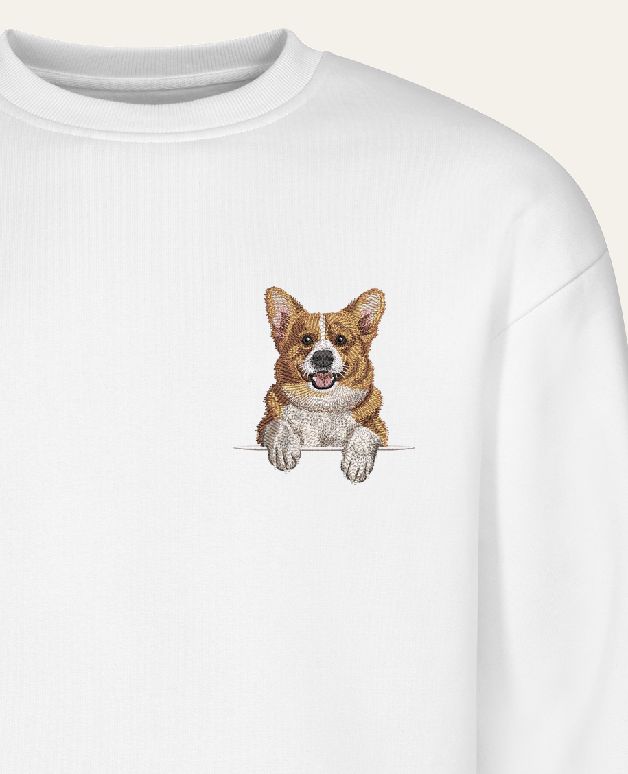 Corgi – bluza z haftem, biała (zbliżenie)