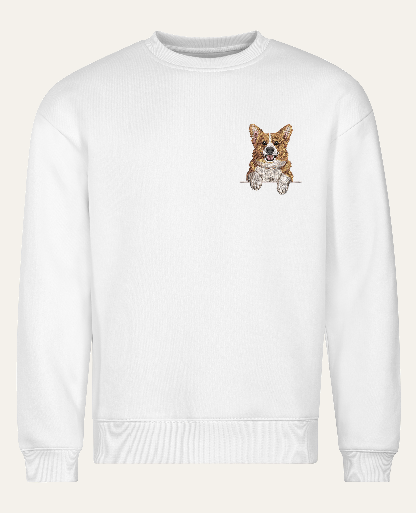 Corgi – bluza z haftem, biała (cała sylwetka)