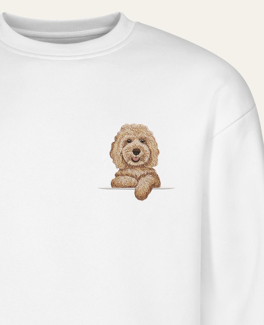 Cockapoo (beżowy) – bluza z haftem, biała (zbliżenie)