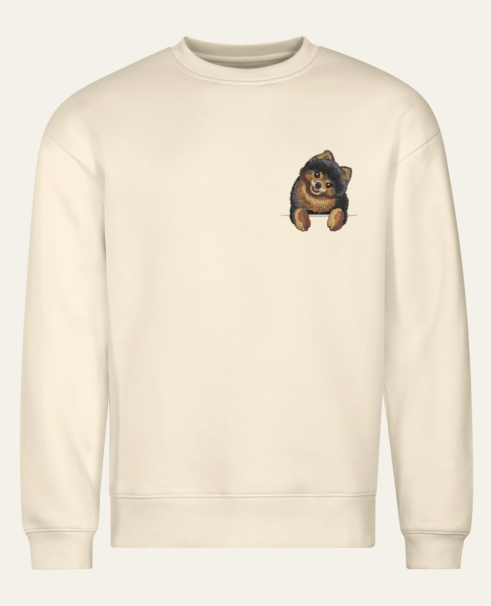 Szpic miniaturowy (Pomeranian) (czarno-podpalany) – bluza z haftem, piaskowa (cała sylwetka)