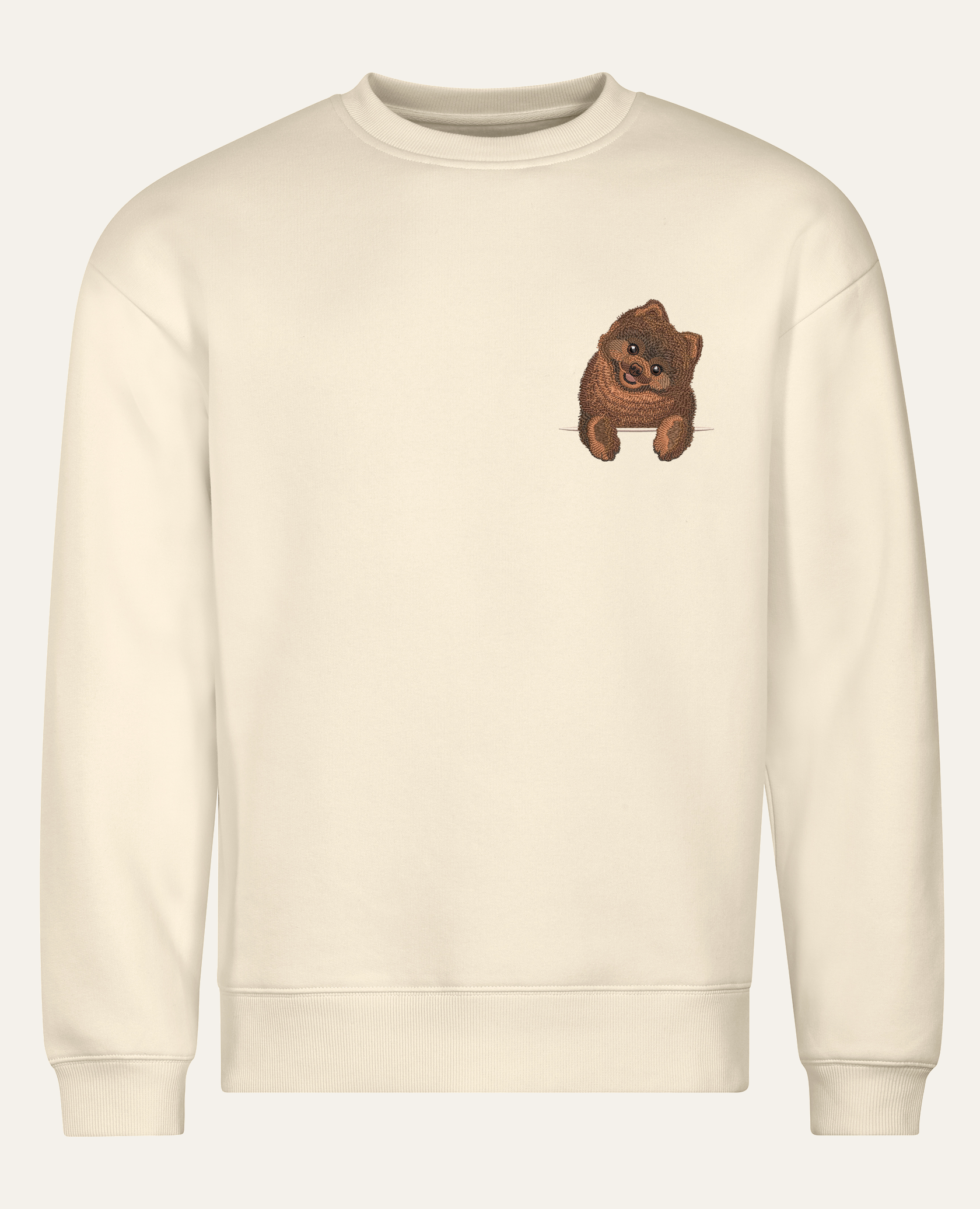 Szpic miniaturowy (Pomeranian) (brązowy) – bluza z haftem, piaskowa (cała sylwetka)