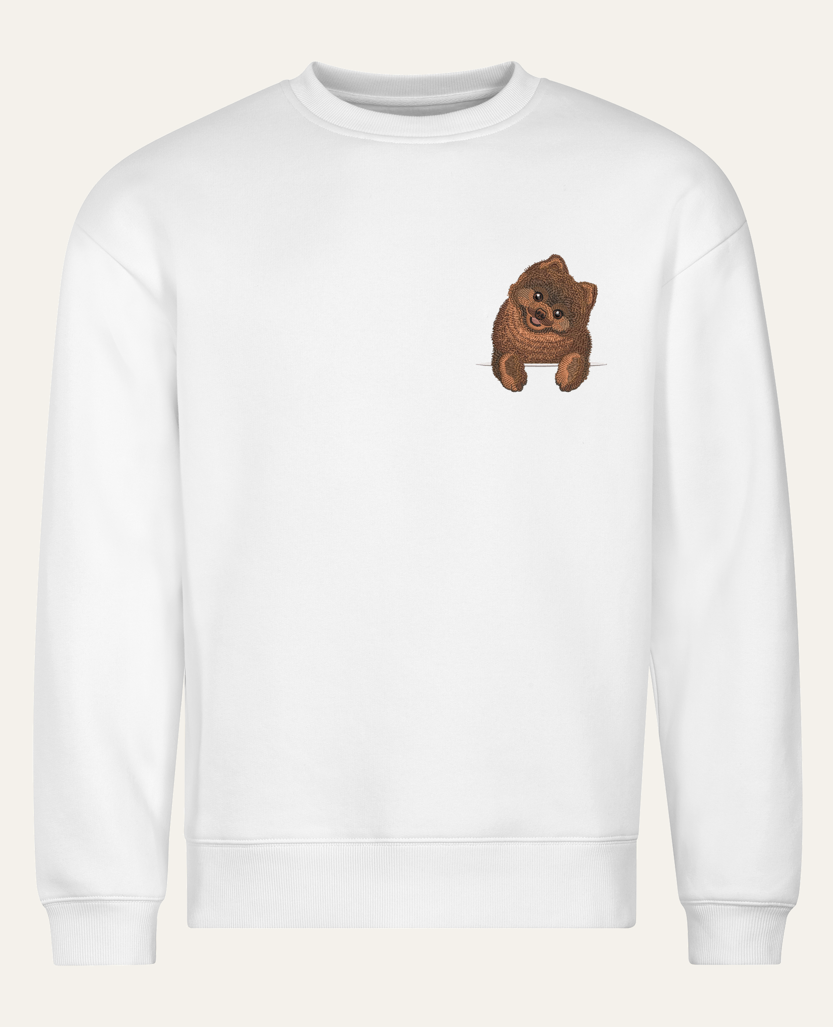 Szpic miniaturowy (Pomeranian) (brązowy) – bluza z haftem, biała (cała sylwetka)