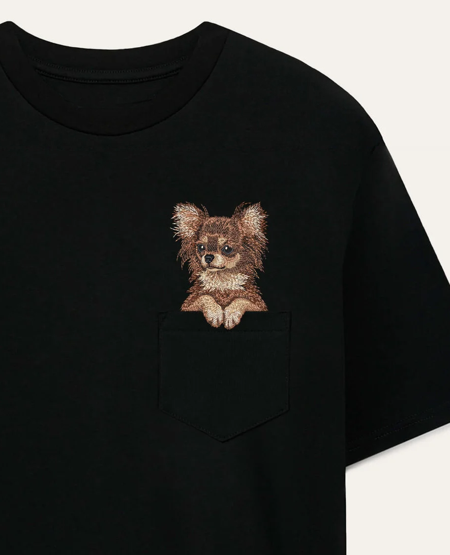 Koszulka z haftem Chihuahua długowłosa (brązowy)
