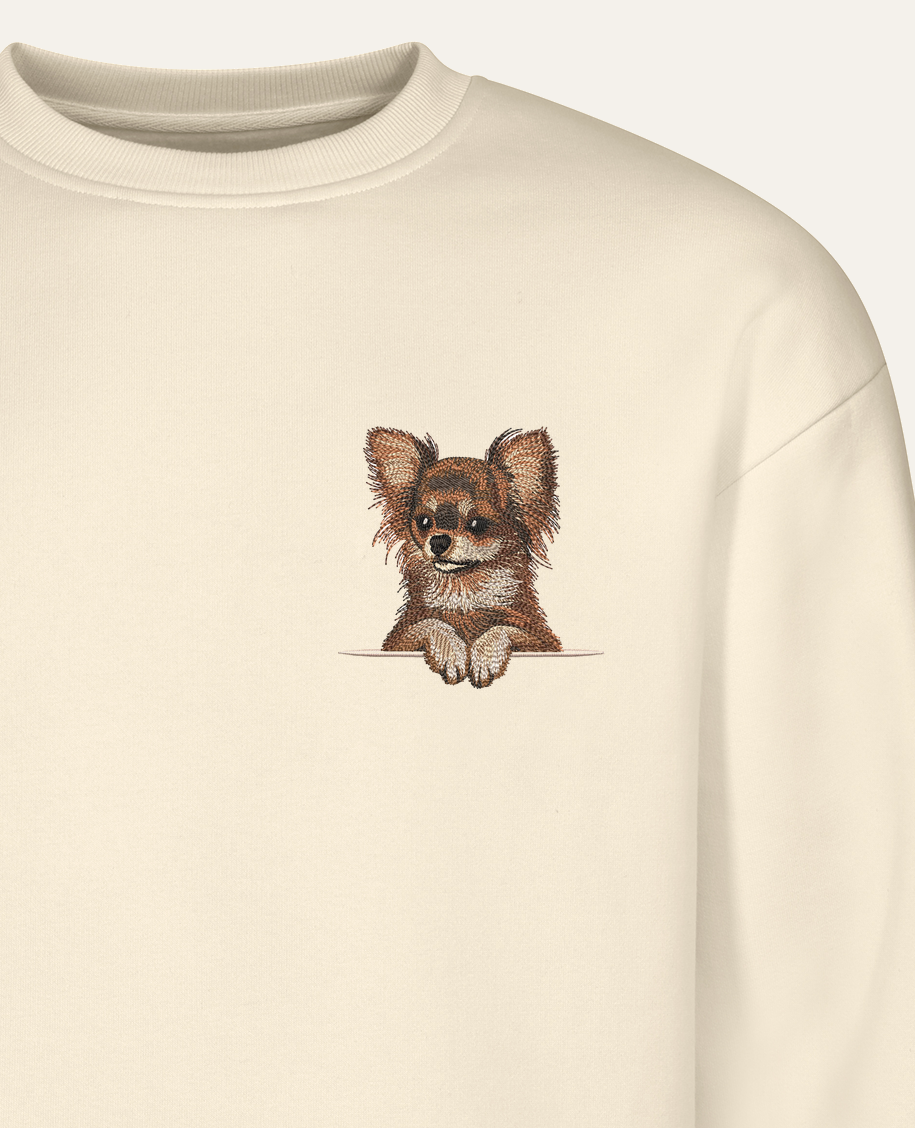 Chihuahua długowłosa (brązowy) – bluza z haftem, piaskowa (zbliżenie)