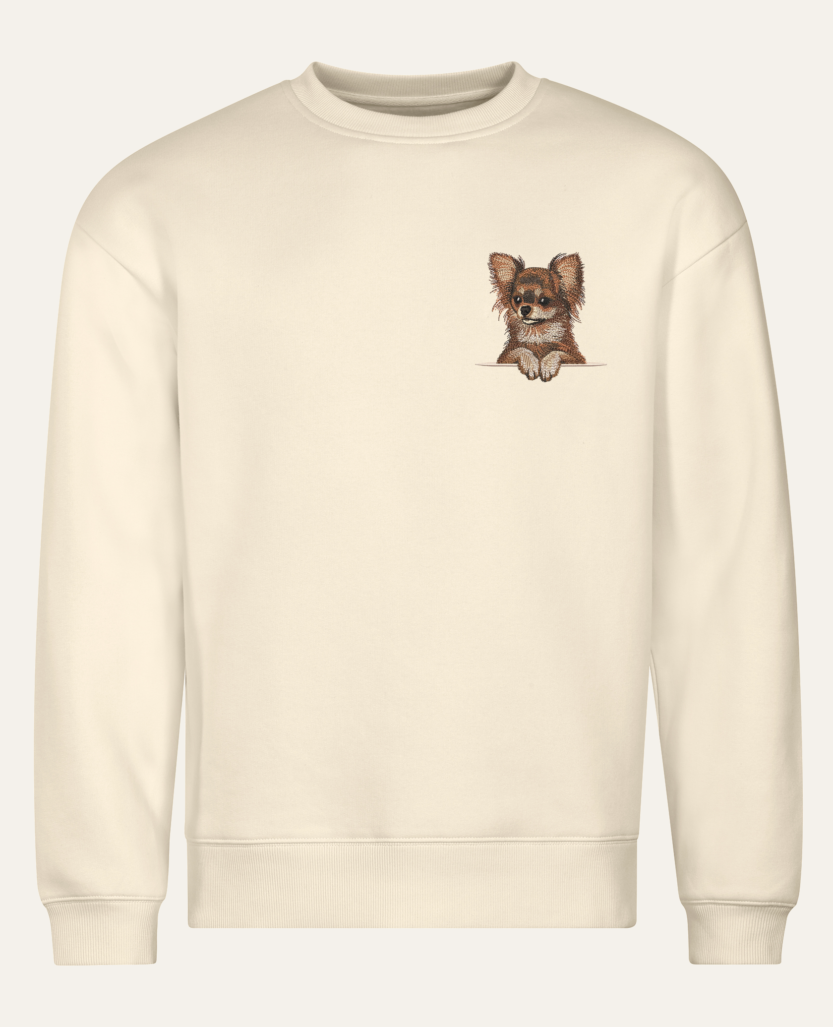 Chihuahua długowłosa (brązowy) – bluza z haftem, piaskowa (cała sylwetka)