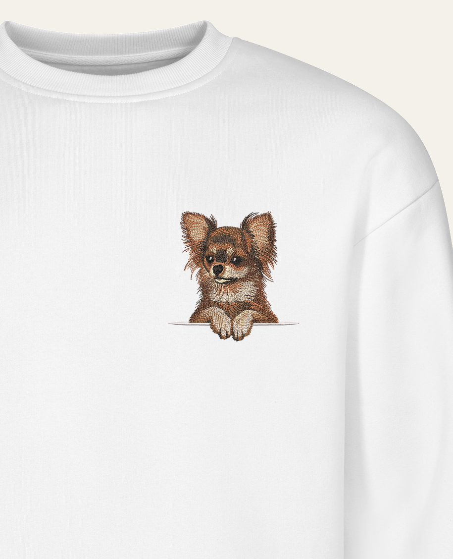 Chihuahua długowłosa (brązowy) – bluza z haftem, biała (zbliżenie)