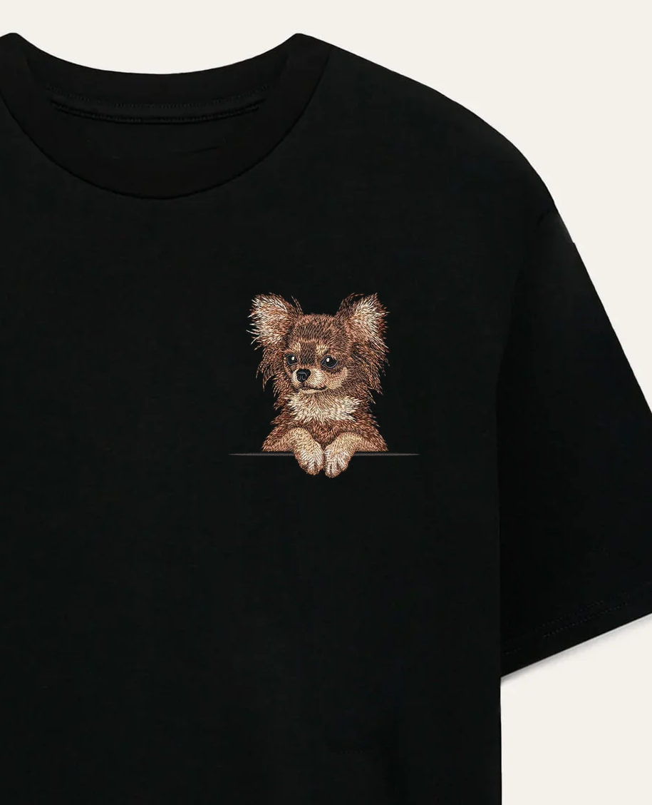 Chihuahua długowłosa (brązowy) – koszulka z haftem