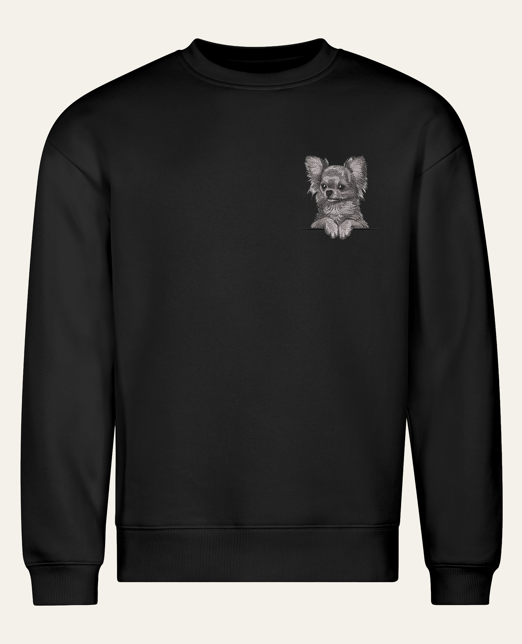 Chihuahua długowłosa (szary) – bluza z haftem, czarna (cała sylwetka)
